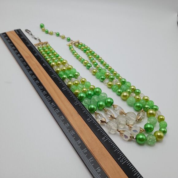 Vintage Green Faux Pearl Clear Bead Necklace, 1950s, Three Strands, 18" - Picture 8 of 13